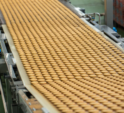 Biscuits on conveyor belt at factory