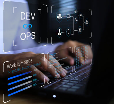 DevOps software development IT operation engineer work with agile gestures as programer development concept with dev and ops icon computer screen project manager operation sysadmin typing on keyboard