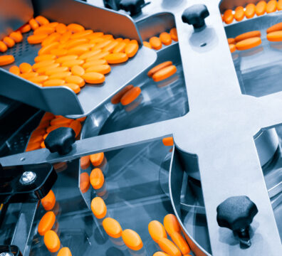 Pharmaceutical production line, production of tablets or vitamins manufacturing, tablet conveyor